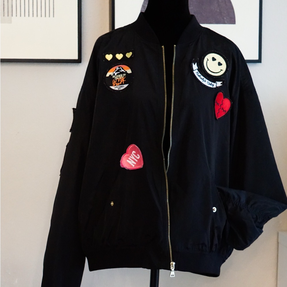 Express Black Bomber Jacket with Fun Patches